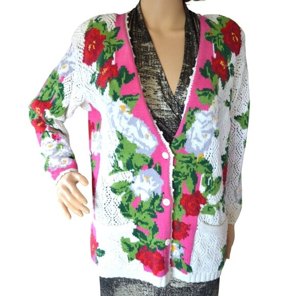 Vintage Sweaters - Vintage 80s Adrienne Vittadini Petites Size S Crochet Floral Grannycore Cardigan